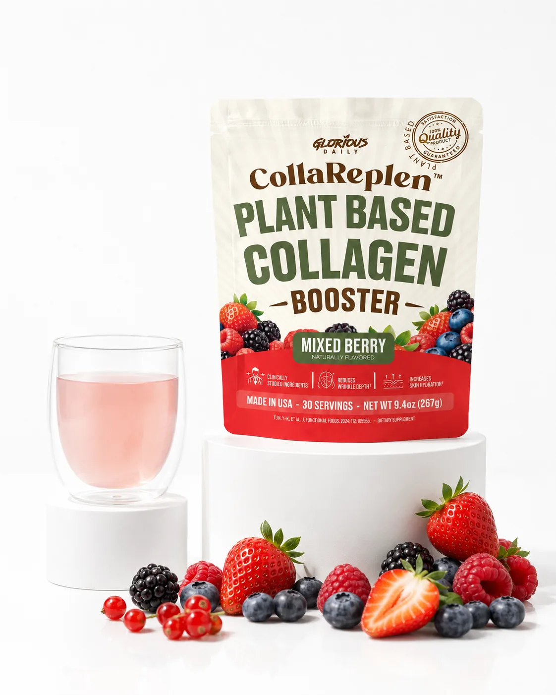 CollaReplen Mixed Berry pouch beside a glass of the mixed berry drink and fresh berries
