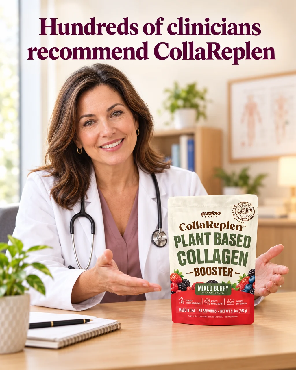 Hundreds of clinicians recommend CollaReplen: clinician presenting the Mixed Berry pouch in a consult room